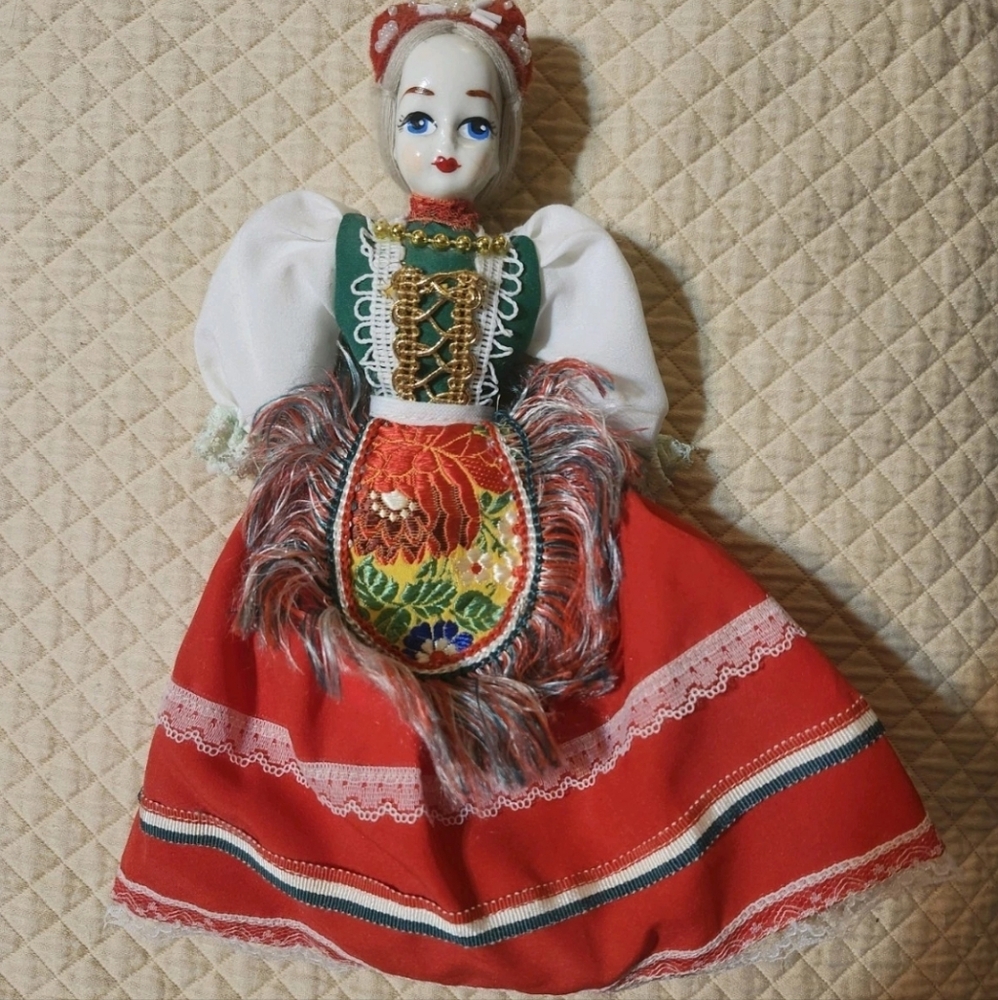 Beautiful Vtg Russian Handmade Folk Art Doll Painted Porcelain Face Hands